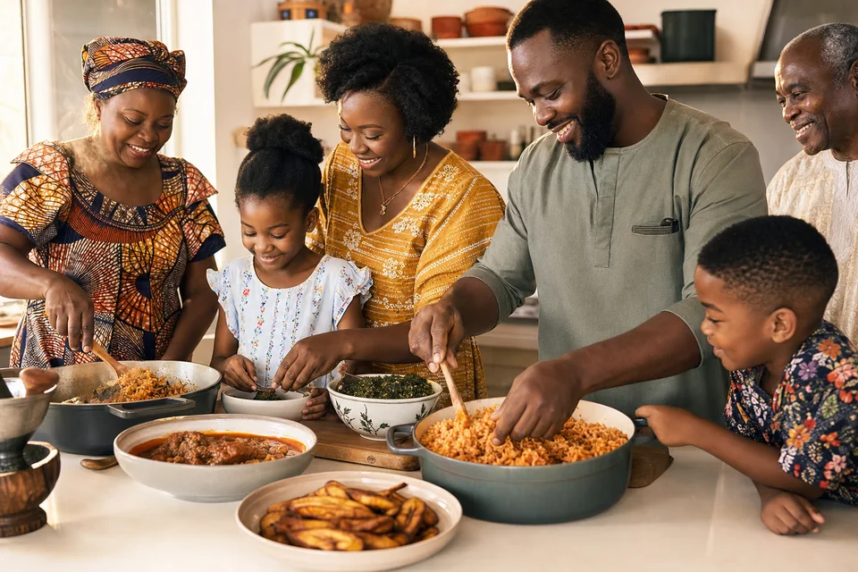 Multi-generational family preparing rice, stew, greens and plantains together