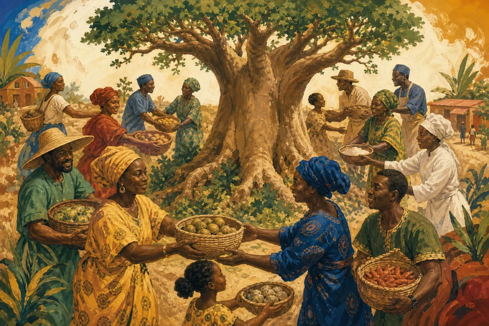 Painted scene of farmers, cooks, families and shopkeepers passing food around a baobab tree
