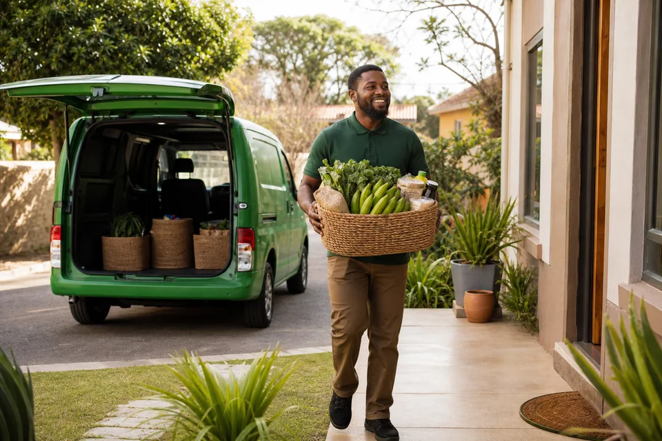 Neighborhood grocery delivery professional carrying a basket of plantains, greens and pantry staples to a home