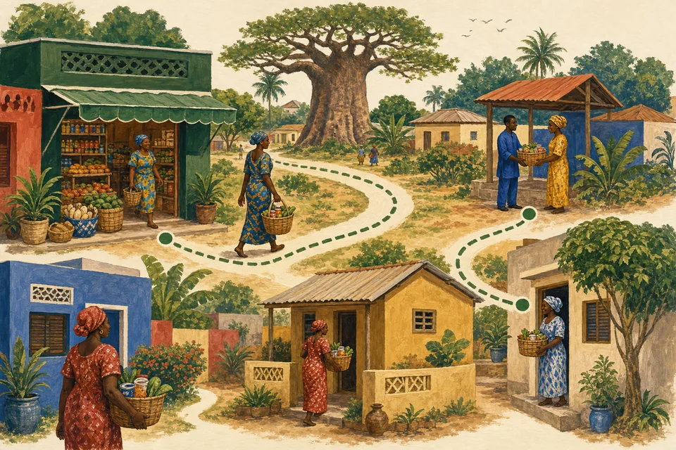 Painted neighborhood route connecting a market, pickup point, homes and a baobab tree landmark