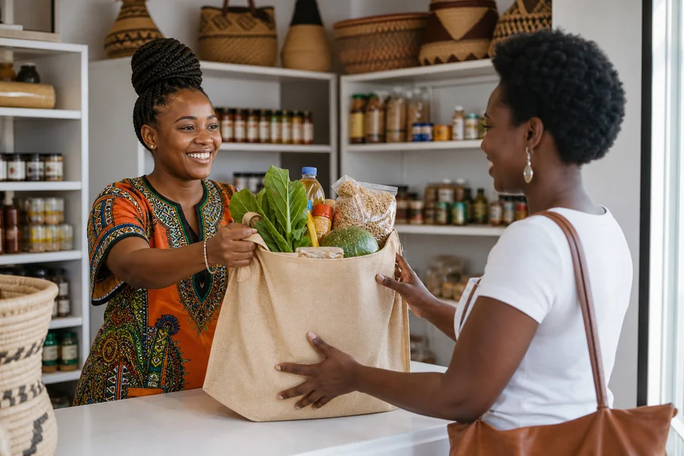 Market staff member handing a packed reusable grocery bag to a customer