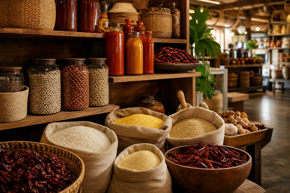 Rice, beans, garri, fonio, dried peppers, oils and spices arranged on wooden market shelves