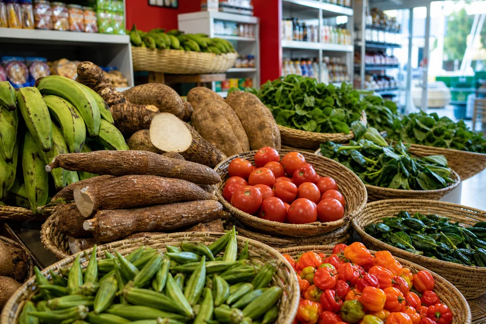 Plantains, cassava, okra, peppers, tomatoes and leafy greens arranged in market baskets