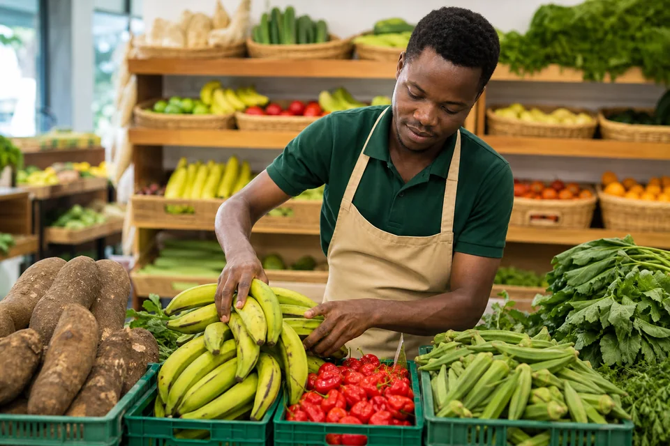 Market team member selecting plantains, yams, okra, peppers and greens